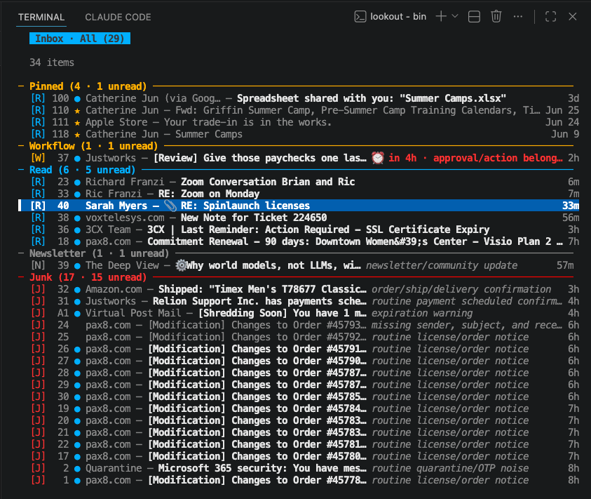 The lookout terminal email client, with every email numbered and pre-triaged